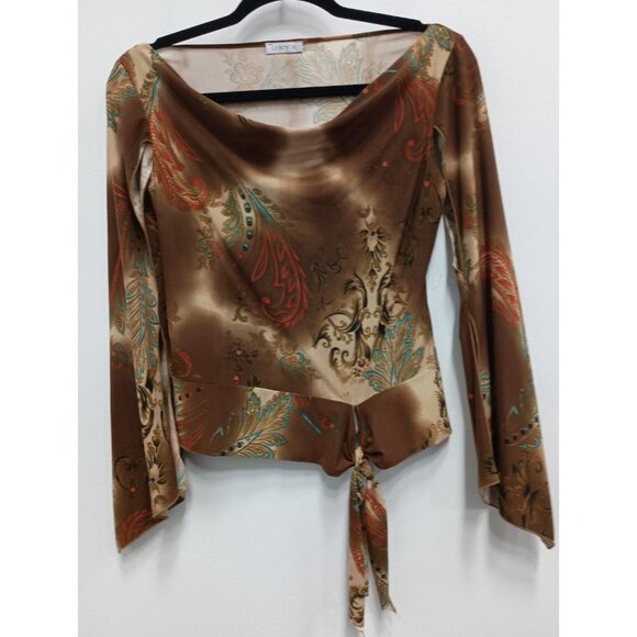 Vintage 90s Unix Womens Crop Top Large Brown Paisley Flared Sleeve BOHO Fairy - Picture 1 of 10